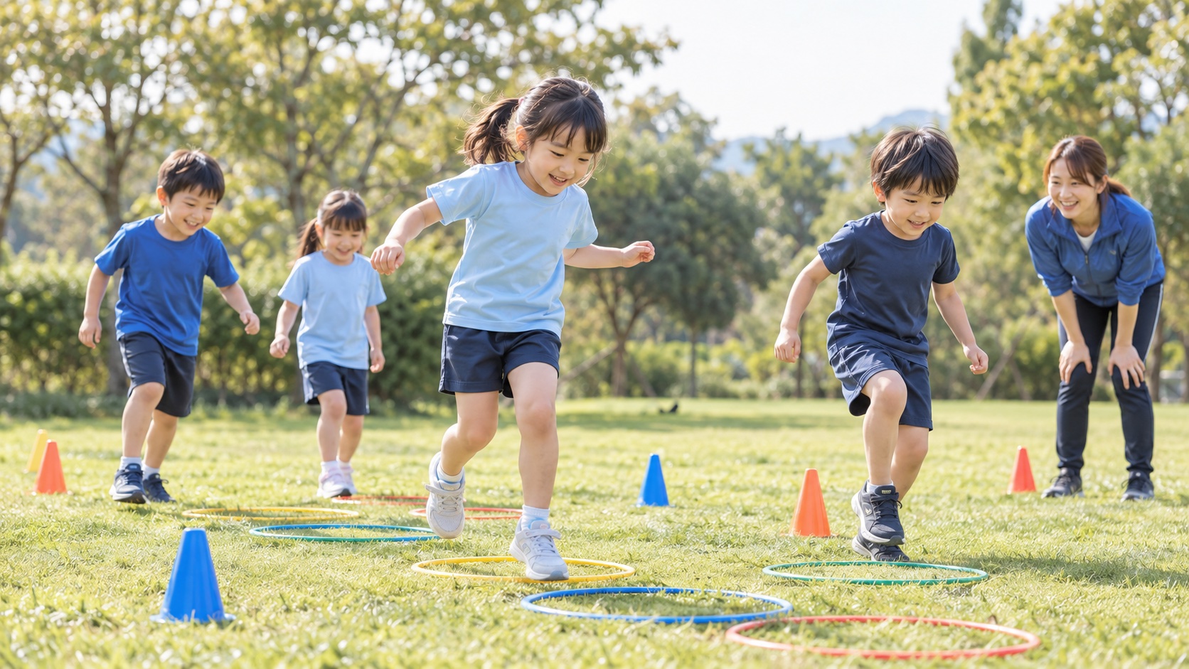 輪を使って跳んだりバランスをとったりする子どもたち（AI生成イメージ）